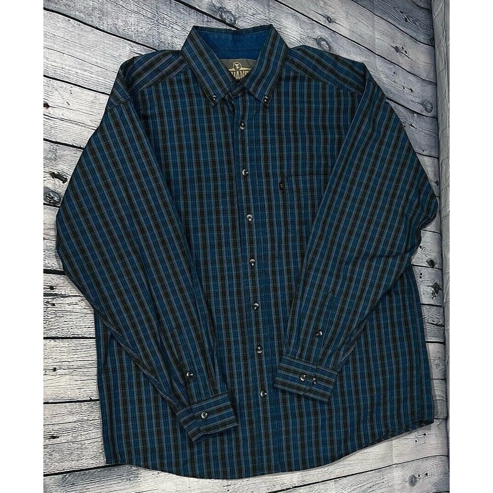 Mens Panhandle Tuf Cooper Performance Turquoise/Brown Plaid Western Button Up Lg
